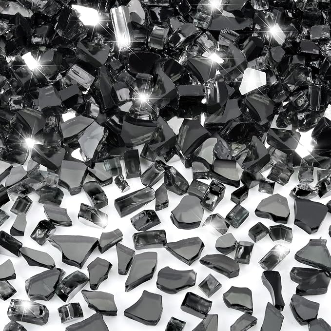 GasSaf 1/4 Inch Fire Glass Reflective Tempered Fireglass Cut Crushed FireGlass for Fire Pit, Fireplace, Replaces Existing Gas Logs & Lava Rocks (10 Pound)(Black Reflective)