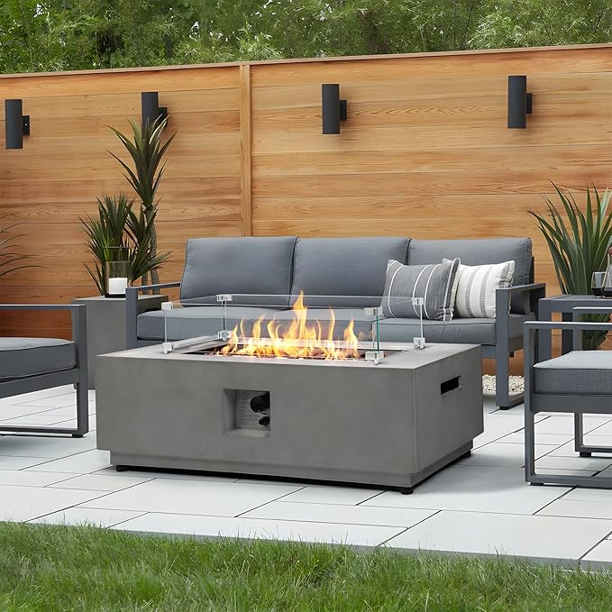 42 Inch Propane Fire Pit Table Set, 3 Pieces Modern Gas Fire Pits for Outside Patio, Firepit w/Tank Cover Table & Wind Guard, 50,000 BTU Outdoor Fire Table for Patio Backyard Deck