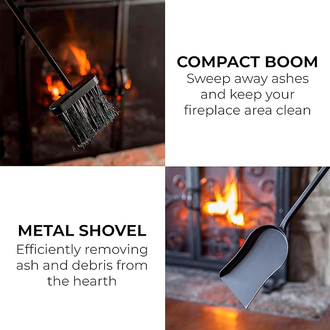 Plow & Hearth 5 Piece Hand Forged Iron Compact Fireplace Tool Set 32.5" | Black Wrought Iron Handle for Outdoor Indoor | Stand Poker Shovel Brush Log Tongs Wood Stove Accessory