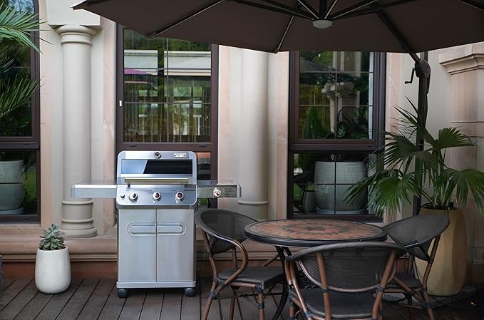 Monument Grills Outdoor Barbecue Stainless Steel 3 Burner Propane Gas Grill, 48,000 BTU Patio Garden Grill with Side Burner and Knob Controls, Mesa305 with BBQ Cover