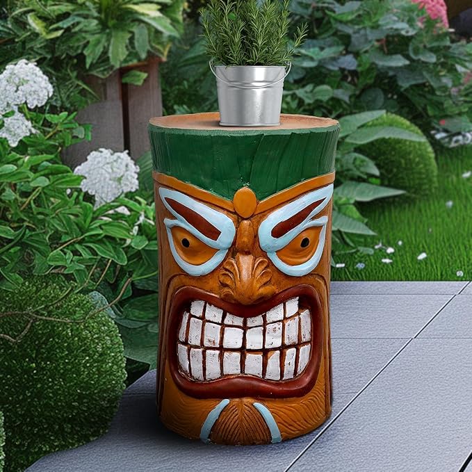 SKYFIRE Large Tiki Statue - 20”H Tiki Bar Side Tables Outdoor Decor for Garden, Patio, Backyard, Lawn and Office -Concrete The Grand Tiki Face Kanaloa Teeth Stool End Table for House Decor