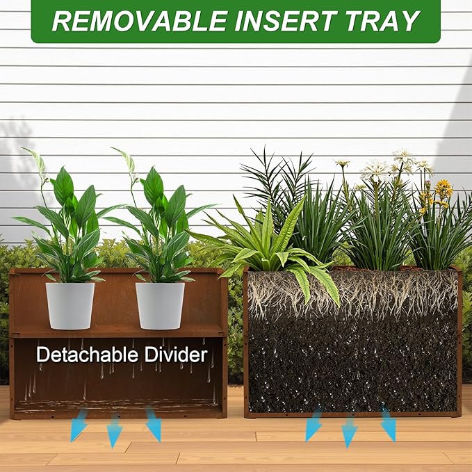 Corten Steel Planter Box 36" L x 15" W x 24" H,Heavy Duty Tall Rectangle Planter Box with Removable Insert Shelves & 4 Drainage Holes for Porch, Garden, Patio, Yard