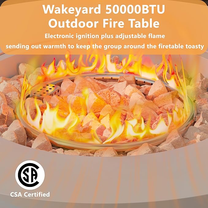 32 inch Outdoor Propane Fire Table, Round Patio Fire Pit Table, 50,000 BTU Gas FirePit with Lid, Cover, Lava Rocks, CSA Certified, Grey