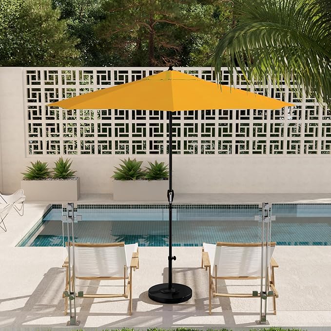 California Umbrella 9' Rd Aluminum Patio Umbrella, Crank Lift, Auto Tilt, Black Finish, Sunbrella Sunflower Yellow