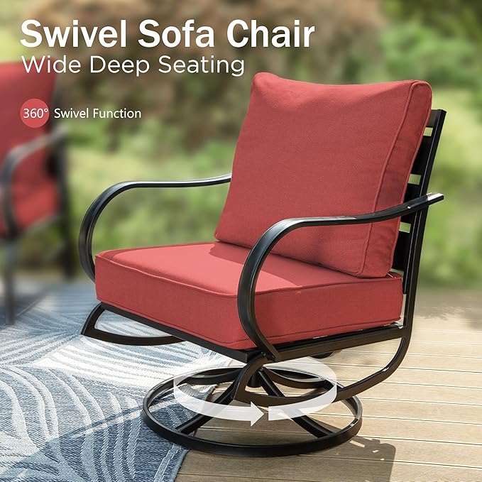 PHI VILLA Patio Furniture with 1 x 45 Metal FirePit Table, 1 x 3-Seat Wide Deep Seating Bench, 2 x Swivel Sofa Chairs & 2 Ottomans, 5.75" Thick Cushioned Outdoor Conversation Set for 5,Red