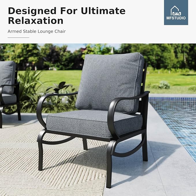 MFSTUDIO 5 Pieces Patio Conversation Sets, 7 Seats Metal Patio Furniture Sets with 1 x 3-Seat Sofa, 2 x Sofa Chairs, 2 x Ottoman, All Weather Steel Patio Sets with 5.75inch Grey Cushion for Garden