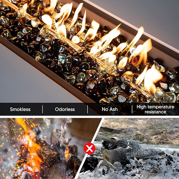onlyfire 10-Pounds Fire Glass Diamonds for Propane Fire Pit, 1 Inch Blended Firepit Glass Rocks Stones for Gas Fireplace and Fire Pit Table, Onyx Black, Crystal Ice and Amber