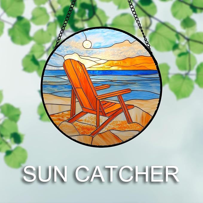 DASTOLL Stained Glass Window Hanging 4 Pcs Set Blue Orange Ocean Beach Theme 6.3" - Suncatcher Door Garden Sun Catcher Decor Birthday Christmas for Mom Woman Nana Men Wife
