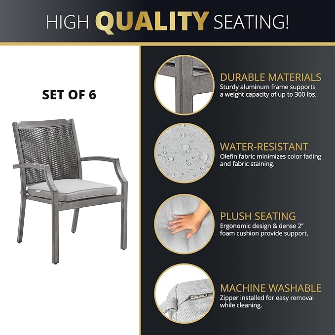 Mazatzal 7 Piece Wicker Patio Furniture Set with 52" Round Propane Gas Firepit Table, 6 Patio Chairs with Cushions, Outdoor Aluminum Conversation Set for Poolside, Backyard, CSA Certified, Gray