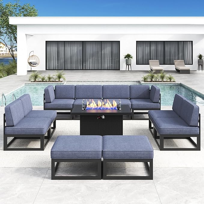 LayinSun Large Aluminum Patio Furniture Set with Fire Pit Table, 11 Pieces Modern Outdoor Conversation Set Sectional Metal Sofa Set with Olefin Cushion