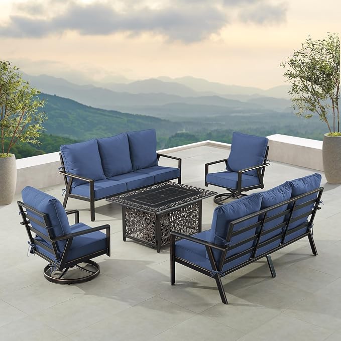 Oakland Living Black Aluminum Patio Fire Table Set with Two Deep Seating Sofa with Cushions and Two Club Chairs with Blue Cushions