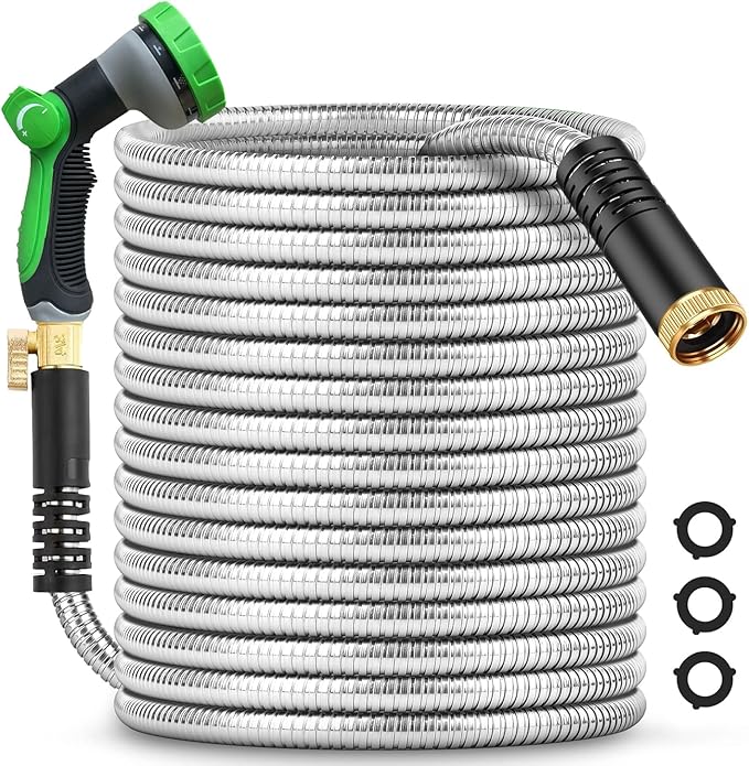 50Ft Metal Garden Hose durable stainless steel Water Hose, flexible, lightweight hose is resistant to kinks and tangles.With 10-way nozzle, strong 3/4” metal fittings, and a Stop Valve.