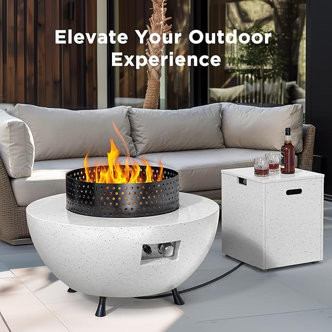 Ciays 29″ Propane Fire Pit Table with Windproof Guard, 50000 BTU Fire Pit Table, CSA-Certified, Outdoor fire Table with Durable Terrazzo Coating/Lava Rocks/4 Stable Adjustable Legs, Garden, White