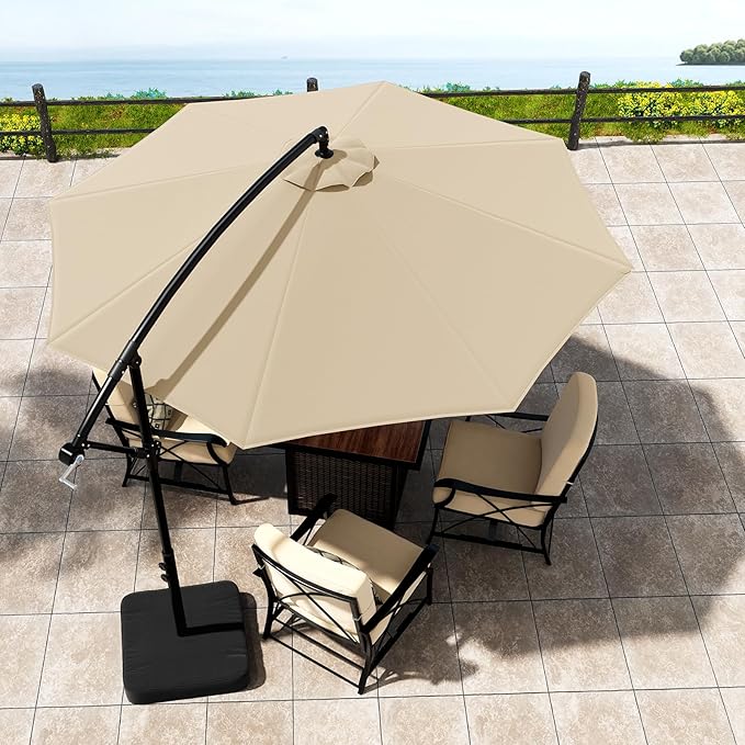 OLILAWN 10ft Patio Umbrella with Base Included, Christmas Outdoor Offset Cantilever Umbrella Upgraded Yarn-dyed Fabric Shade, Sturdy 8 Rids, Easy Tilt Adjustment, for Pool Deck Porch Backyard Garden,Beige