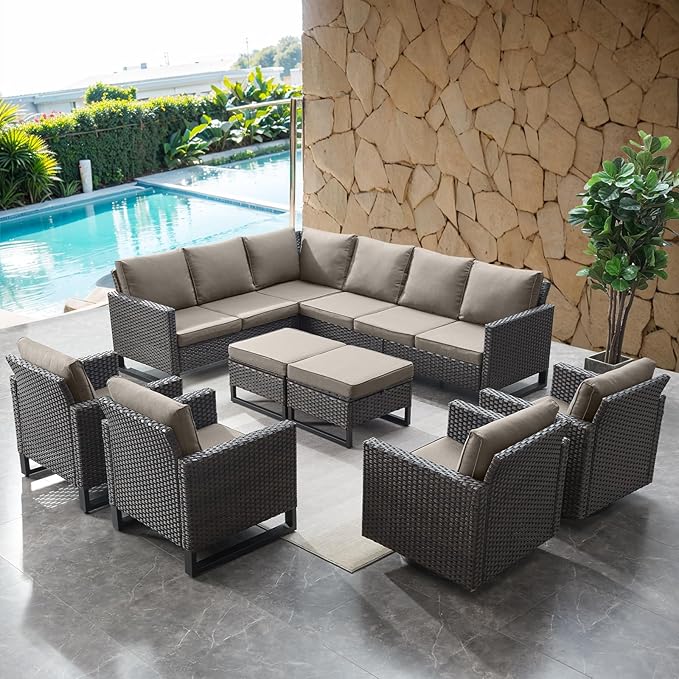 HUMMUH 8 Piece Patio Furniture All Weather 6-Seater Outdoor Sectional Sofa with Patio Swivel Chairs and Outdoor Chairs Ottomans for Porch,Garden,Backyard,Deck(Brown/Grey)