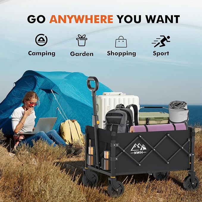 NWH Collapsible Wagon Cart with Wheels Foldable, 360lbs Large Capacity Portable Folding Utility Heavy Duty Beach Wagons Cart with All-Terrain Wheels for Shopping, Camping, Sports, Garden