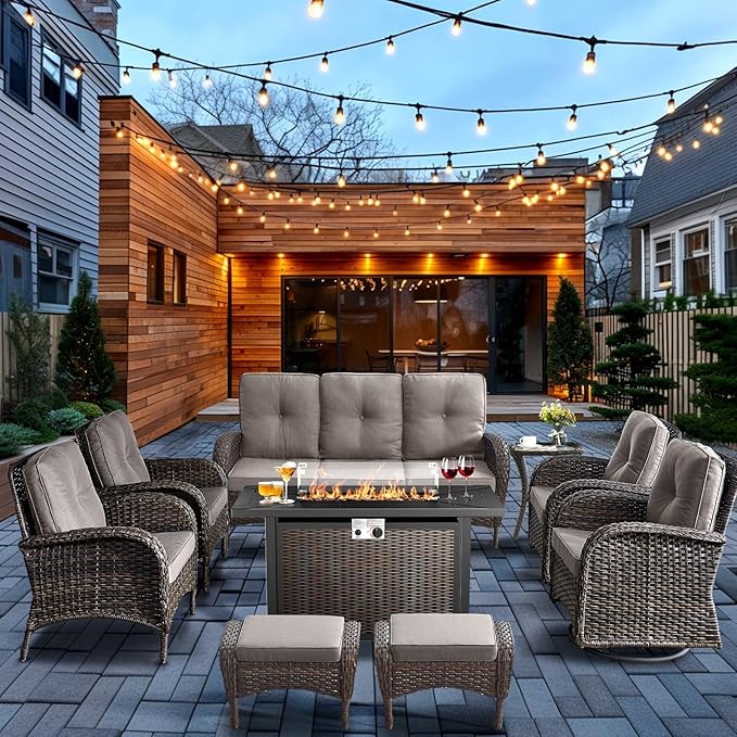 HUMMUH 9 Piece Patio Furniture Set with Fire Pit Table,Wicker Patio Swivel Rocker Outdoor Chairs 3-Seat Sofa with Ottomans for Backyard,Poolside,Deck