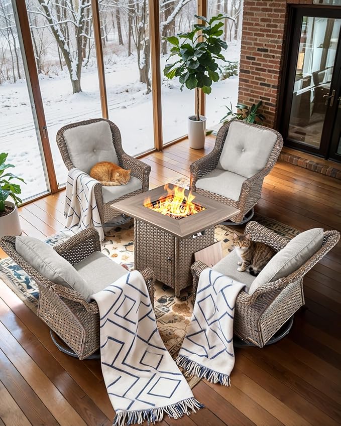 Outdoor Patio Swivel Gliders with Fire Pit Table 5 Piece Set - High Back Brown Wicker Rattan Rocking Chair with Thick Cushion for Porch Apartment Deck Yard Poolside Garden - Beige