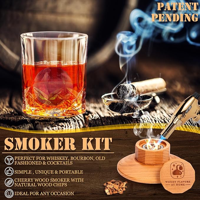 Woody Flavors At Home Old Fashioned Cocktail Smoker Kit for Whiskey, Bourbon, and Drinks with Cherry Smoker, Natural Wood Chip Flavors, Culinary Torch, Ice Cube Spheres, 2 Coasters, 2 Glasses