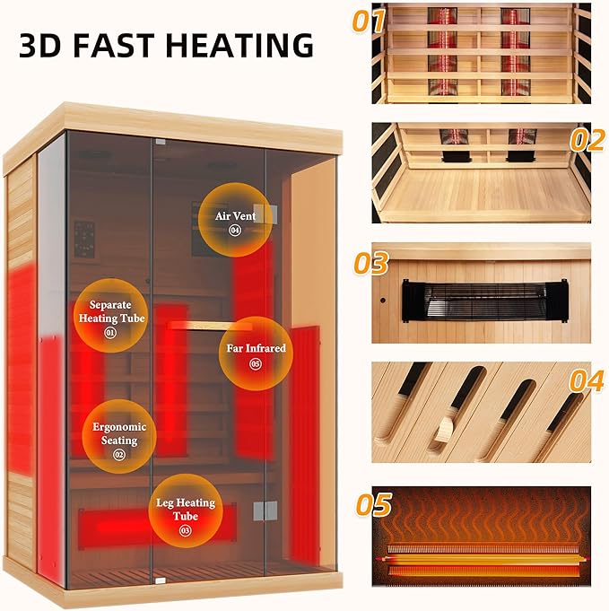 Infrared Saunas for Home, Upgraded 1-2 Person Sauna with 10 Minutes Fast Heating,Canadian Hemlock & Tempered Glass