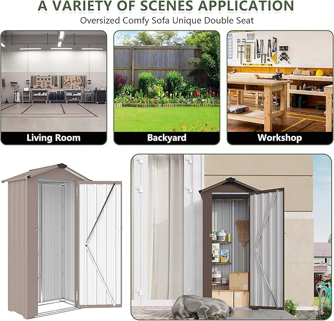 2.5x1.4 FT Outdoor Storage Shed, Tool Shed with Waterproof Roof and Lockable Door,Metal Shed with Adjustable Open Shelves for Backyard Garden Patio Lawn,Brown