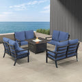 Oakland Living Black Aluminum Patio Fire Table Set with Four Deep Seating Loveseat with Cushions with Blue Cushions