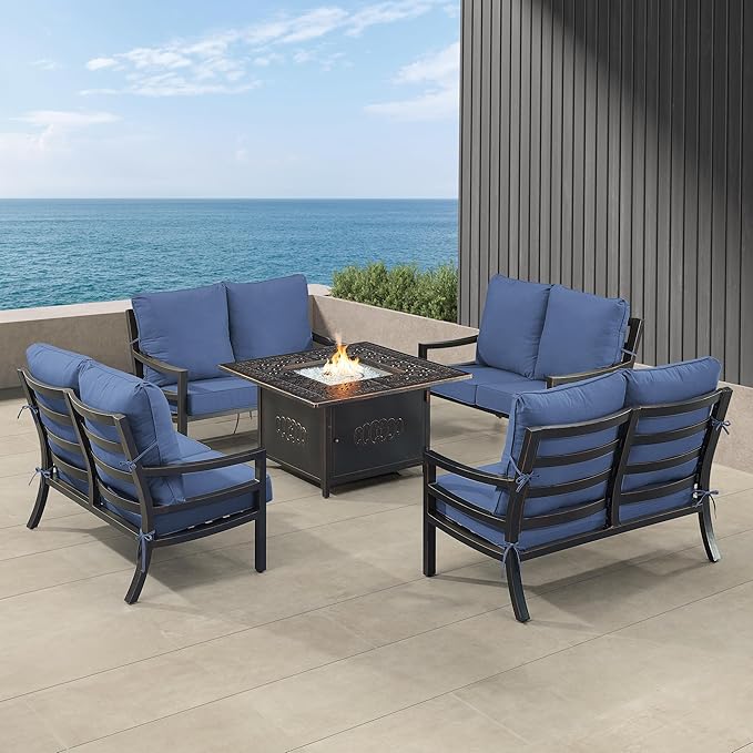 Oakland Living Black Aluminum Patio Fire Table Set with Four Deep Seating Loveseat with Cushions with Blue Cushions