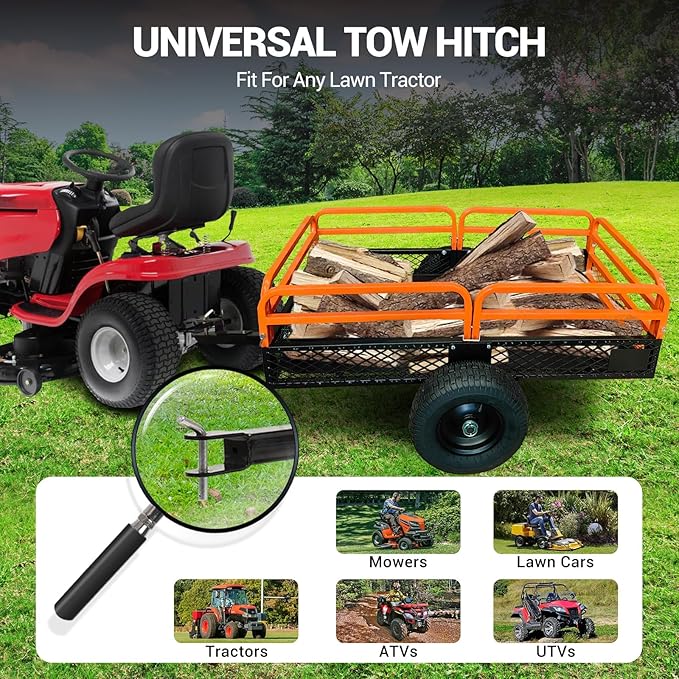Heavy Duty ATV Trailer Steel Dump Cart, 1600 Lbs 15 Cubic Feet Garden Trailer Pull Behind with Removable Sides & All Terrain Tires for Lawn Mower, ATV & Yard Work