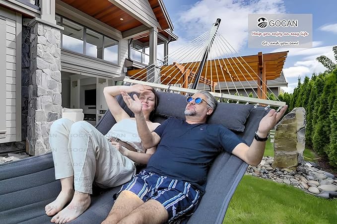 GOCAN Double Hammock with Quilted Fabric and Spreader Bars,Longer and Sturdier,Quality Hammocks for Outdoor Indoor Patio Yard