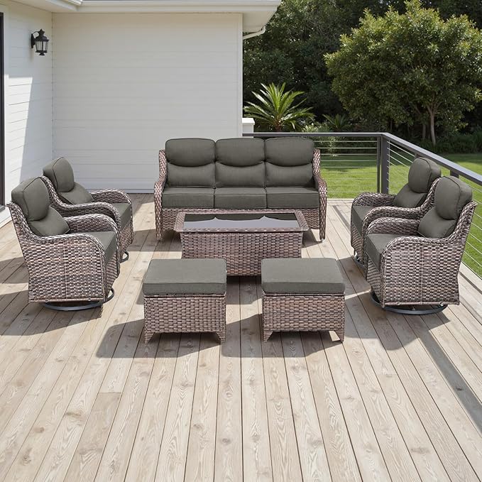 Rilyson Wicker Outdoor Patio Furniture Set - 8 Piece Patio Conversation Sets with Swivel Rocker Chairs, Ottomans, Sofa and Coffee Table, 6 inch Cushions, Deep Seating, for Porch Deck Brown/Grey