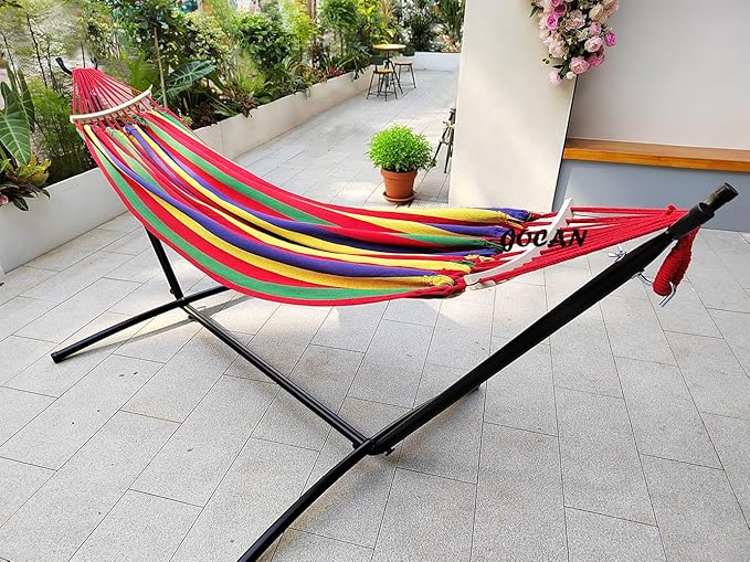 GOCAN Double Hammock 2 Person Large 220x160cm with Steel Stand and Removable Spreader bar Load 500lb, Canvas Cotton Hammocks for Patio Porch Garden Backyard Outdoor and Indoor,red