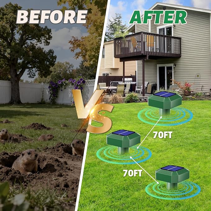 Mole Repellent Solar Powered 6 Pack,Ultrasonic Gopher Repellent,IP 65 Waterproof Outdoor Sonic Deterrent,Effective Get Rid of Snake Vole, Chipmunk Skunk Groundhog,Family & Pet Safe
