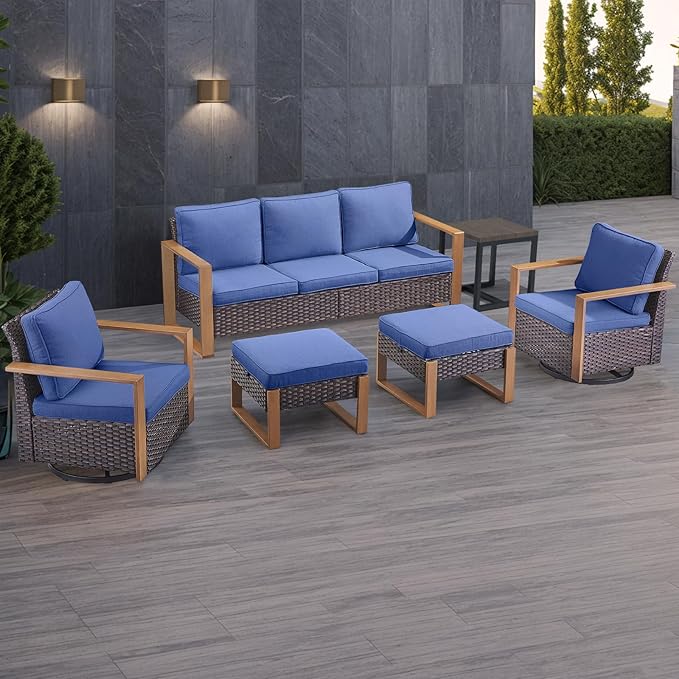 Rilyson Outdoor Wicker Patio Furniture Set - 6 Piece Patio Conversation Set with 2 Wicker Swivel Rocker Chairs,2 Rattan Ottoman,1 Side Table and 1 Couch,Thick Cushions,Deep Seating(Brown/Blue)