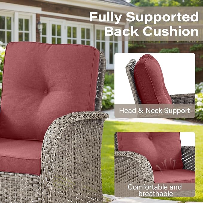Belord 7-Piece Modern Gray Wicker Patio Conversation Set - 4 Swivel Glider Chairs & 50,000 BTU Propane Fire Table