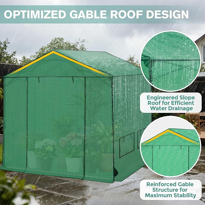 COOS BAY 8x8 FT Pop up Greenhouse Outdoor, Walk in Green House with Power Access Openings, Zippered Doors & Windows, Durable PE Cover, Green