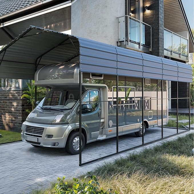 YOLENY 14x25 FT RV Carport, Heavy Duty Metal Carport with Reinforced Metal Frame & Galvanized Roof, Weather-Resistant Car Shelter for RV, Cars, Trucks, Boats, SUVs, and Tractors, Gray
