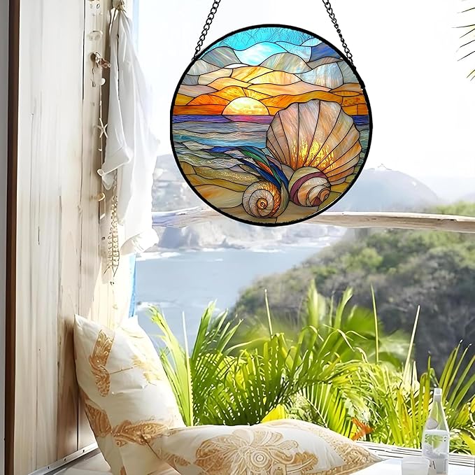 AMDERVEN Stained Glass Window Hanging - Colorful Beach Shells Conch Sun Catcher for Door Home Decor Ocean Suncatcher Christmas Mother's Day Birthday Sea Lover Gifts for Women Men Mom Nana 6.3 in