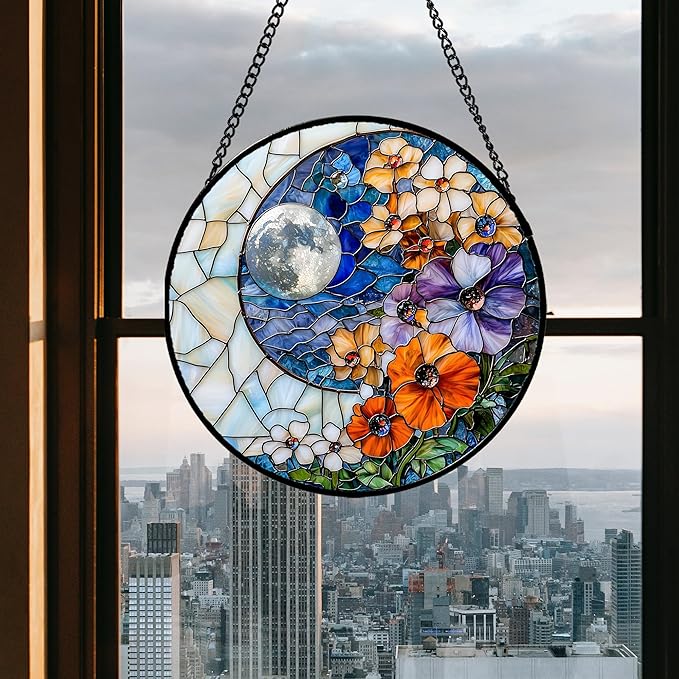 JOSUMALY Stained Glass Window Hanging - Blue White Moon Suncatcher for Door Terrace Garden Home Decor Colorful Flowers Sun Catcher Birthday Gifts for Lovers Women Men Dad Mom Nana 15 in