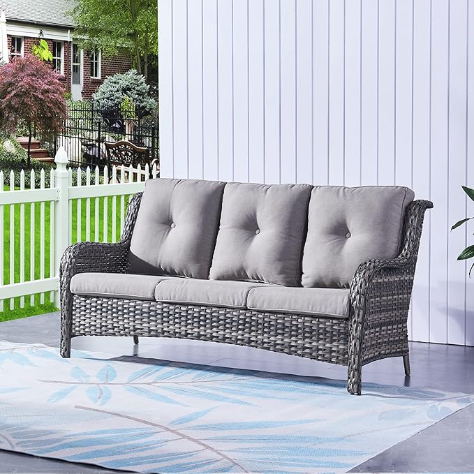 HUMMUH 3 Piece Patio Furniture Set All Weather Wicker Outdoor Sectional Sofa Manual Weaving Rattan High Curved Back Patio Couch with Ottomans