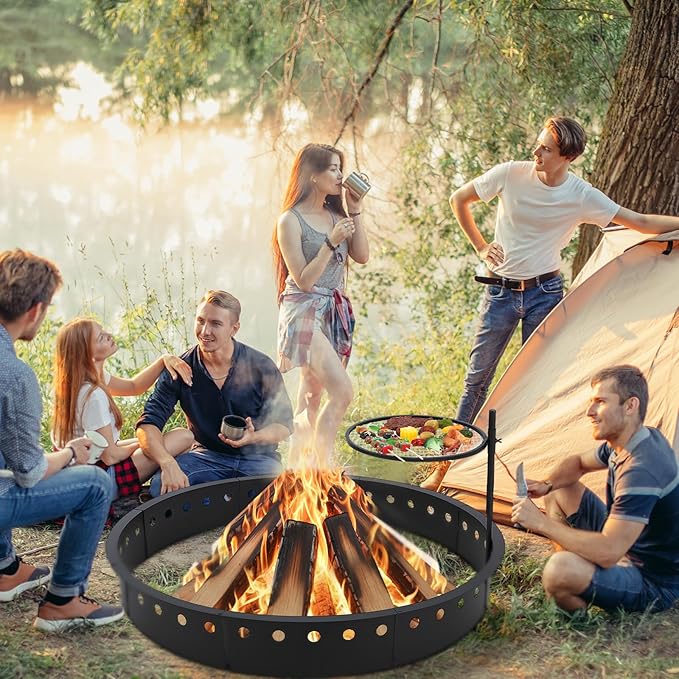 60 Inch Smokeless Fire Pit Ring with Grill Fire Ring for Outside Heavy Duty Metal Firepit Insert Round Steel Large Above/In-Ground Camping Firepit for Outdoor Camping Patio Picnic BBQ Garden