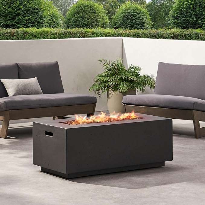 Outdoor Propane Fire Pit Table for Outside Patio, 40 Inch Concrete Fire Pit Table, Rectangle Gas Fire Pit for Garden, Pool, Backyard, 40,000 BTU, Free Lava Rocks, Dark Gray