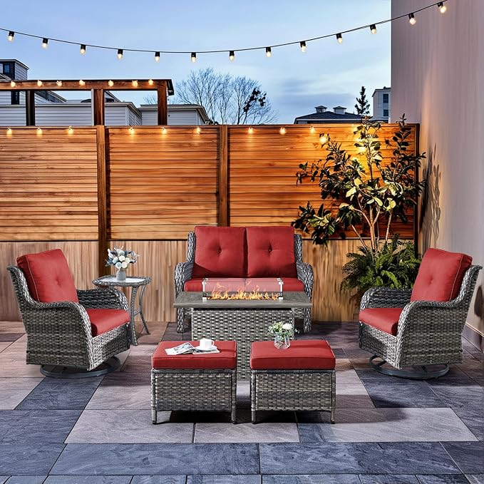 HUMMUH Patio Furniture Set with Fire Pit Table 6-Piece Wicker Outdoor Swivel Rocker Patio Chairs Loveseat Conversation Set for Porch, Backyard, Deck