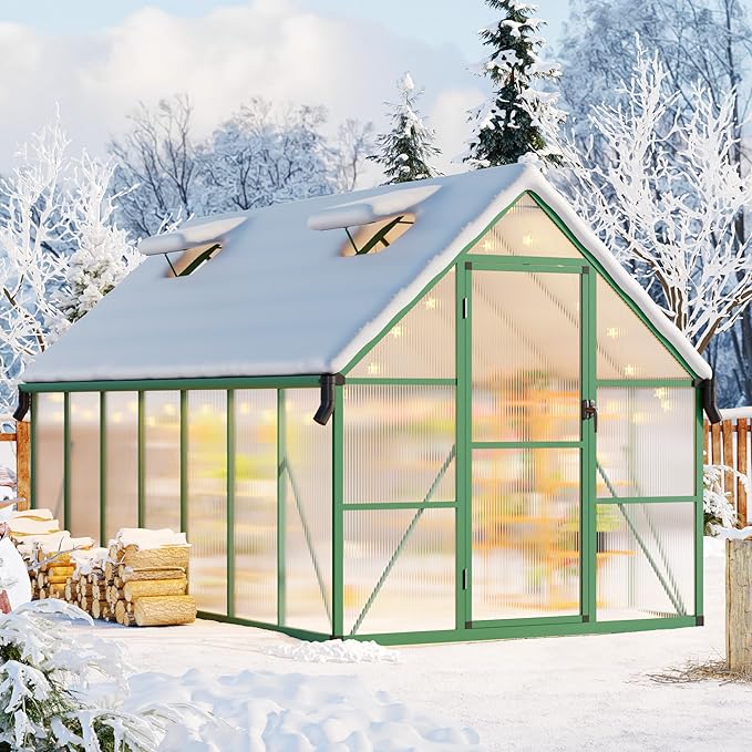 8x14 FT Outdoor Greenhouse, Polycarbonate Greenhouse with Roof Vent and Ground Nails, Aluminum Large Walk-in Green House w/Lockable Push Door for Outside Garden Backyard (Green, 8x14 FT)
