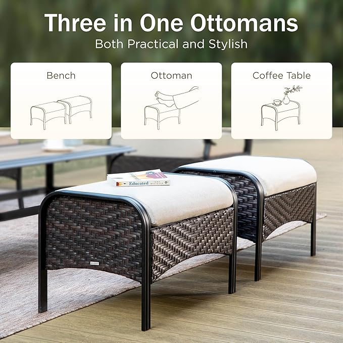 PHI VILLA Outdoor Modern Patio Furniture Set, Upgraded Wicker&Metal Patio Furniture Conversation Set with Waterproof Thick Cushions for Porch, Poolside, Deck, and Yard (6 Pieces,Beige)
