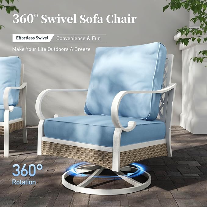SUNSHINE VALLEY 6 Piece Metal Outdoor Patio Furniture Set, Patio Conversation Sets 3-Seater Sofa, 2 Fixed Sofa, 2 Swivel Chair with 5.75" Thick Cushion and Coffee Table White Backyard Furniture, Blue