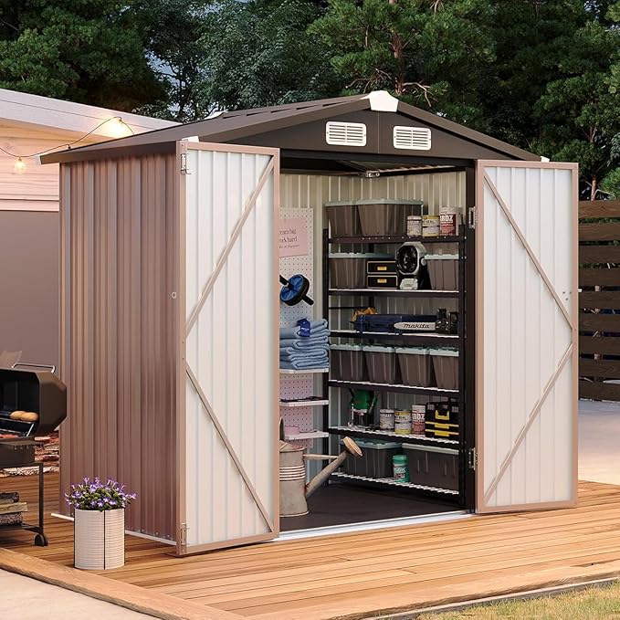 Aoxun 6x4ft Shed with Floor Heavy-Duty Galvanized Steel Outdoor Storage Shed with Double Doors, Ventilated Weatherproof Design for Bike/Generator/Tool Organization (Brown)