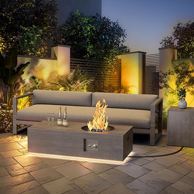 Dineli 2-Piece Outdoor Propane Fire Pit Table Set w Tank Table 48'' Rectangular Firepit Gas Fire Pits for Outside Patio Tabletop Fire Pits w LED, 50,000 BTU (Gray with Warmlight)