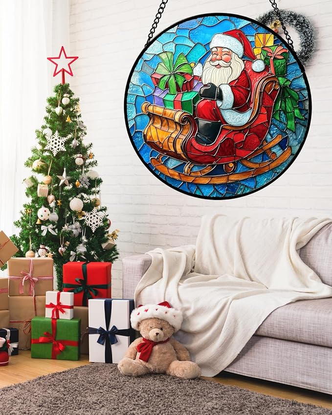 DASTOLL Stained Glass Window Hanging - Red Santa Claus Gift Box Suncatcher for Doors Home Christmas Decoration Winter Sun Catcher Thanksgiving New Year Birthday Gift for Women Men Mom Nana 11.8 in