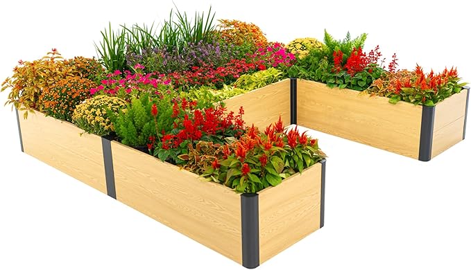 Vego garden Woodgrain Series Raised Garden Bed, 16" Tall Wooden-Look 8' x 8' U-Shaped Metal Planter Box Outdoor for Vegetables, Flowers, Herbs