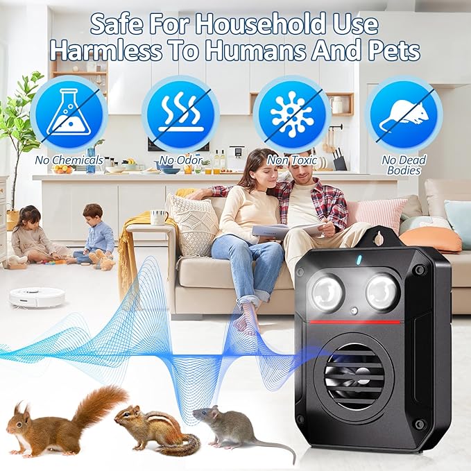 Ultrasonic Rodent Repeller for Car Engines, Sonic Mouse Repellent with Flashlight Sensor, Waterproof Battery Operated Mice Deterrent for Cars for Indoor,Garage,Auto,Against Rat,Squirrel,Skunk,Bat,Cats